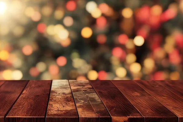 a wooden table top with a blurry background of christmas lights in the background of the table top is brown. .