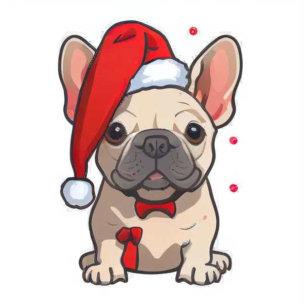 a dog wearing a santa hat and a bow tie with a red ribbon around its neck and nose.