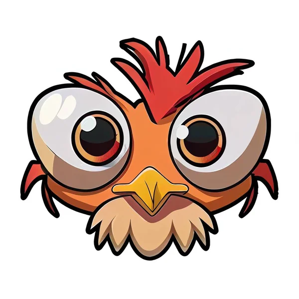 a cartoon bird with big eyes and a red comb on its head.