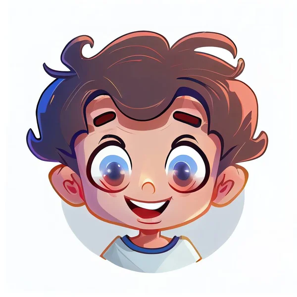 a cartoon boy with a blue shirt and brown hair and a smile on his face.