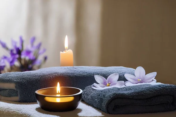 a candle and a bowl of flowers on a table with towels and a candle holder on it with a candle.