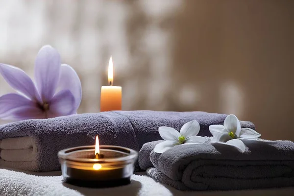 a candle and towels with flowers on a table in a spa room with a window behind it and a candle in the middle.