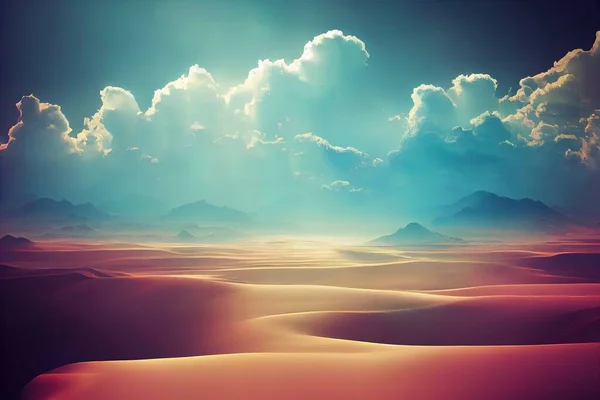 a desert landscape with a blue sky and clouds above it and a sunbeam in the distance with a few clouds.