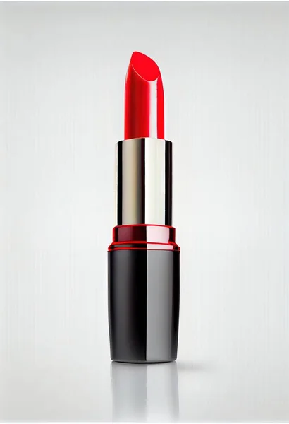 a red lipstick with a silver tip on a white background with a reflection of the lipstick on the surface. .