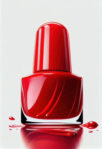 a red nail polish with a drop of water on it\'s surface and a white background with a reflection of the nail. .