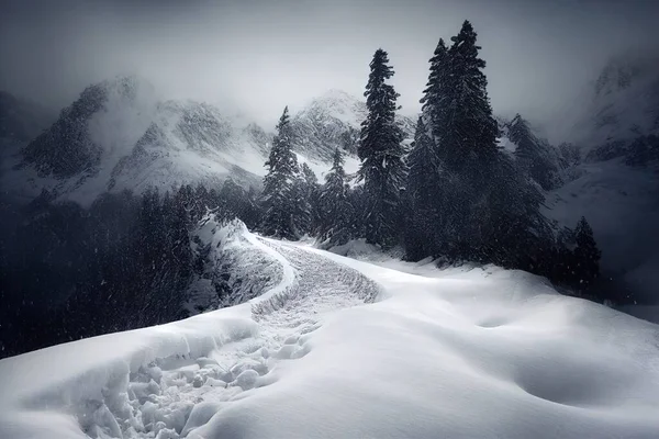 a snow covered mountain with a trail going through it and trees in the background with a cloudy sky above. .