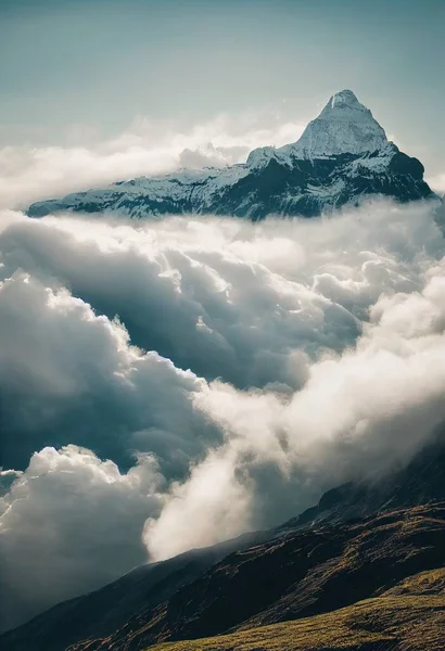 a mountain with a cloud filled sky below it and a mountain peak in the distance with a few clouds. .