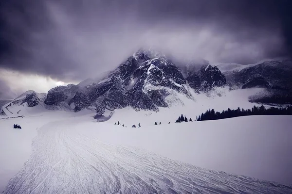 a snow covered mountain with a trail going through it and a cloudy sky above it with a line of skiers. .