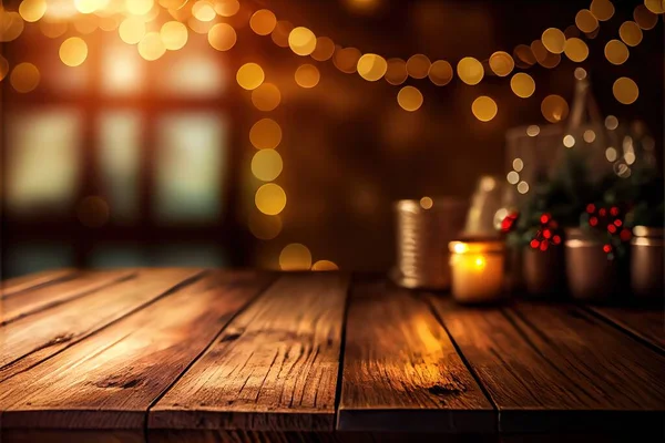 a wooden table with a lit candle and a christmas tree in the background with boke lights in the background. .