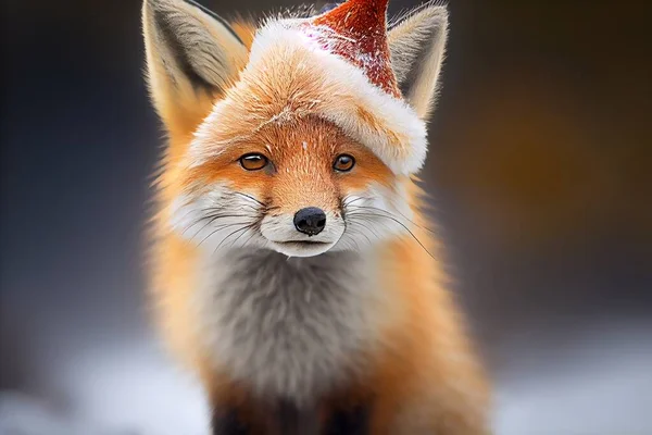 a red fox wearing a red and white hat with a snowflake on its head and nose. .