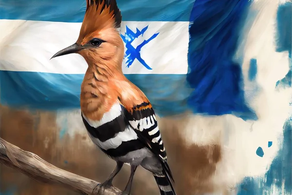 a bird sitting on a branch in front of a flag of the country of argentina with a cross on it. .