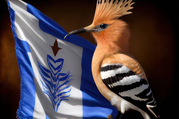 a bird with a feather on its head and a flag in the background with a star on it\'s head. .
