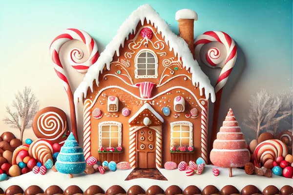 a gingerbread house with candy and candy canes around it and a blue sky background with white clouds. .