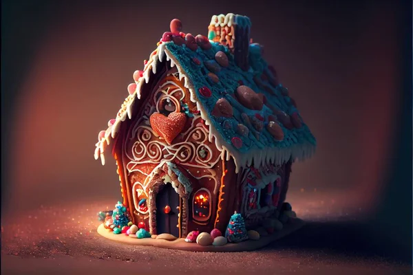 a gingerbread house with a heart on the roof and a candy heart on the roof and a candy heart on the roof. .