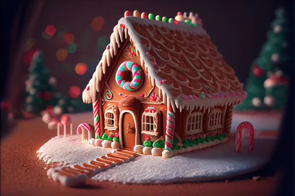 a gingerbread house with a candy cane in the front of it and a candy cane in the back. .