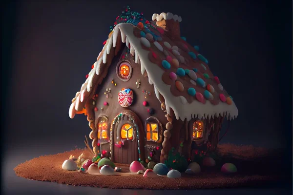 a gingerbread house with a lit up window and door and candy decorations on the roof and side of the house. .