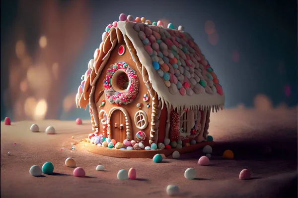 a gingerbread house with a lot of candy on the ground and candy on the ground around it and a lot of candy on the ground. .