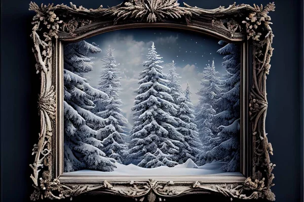 a picture frame with a picture of a snowy forest in it\'s center and a full moon in the sky. .