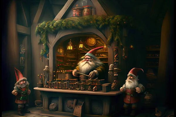 a painting of a gnome and a gnome in a shop with a clock and a christmas tree in the background. .