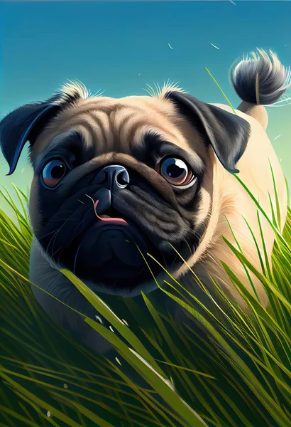 a pug dog is peeking out from the grass with its nose open and eyes wide open. .