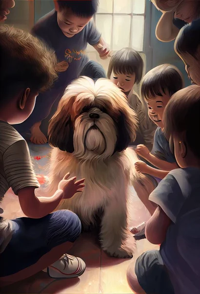 a group of children and a dog in a room with a dog on the floor and a dog on the floor. .