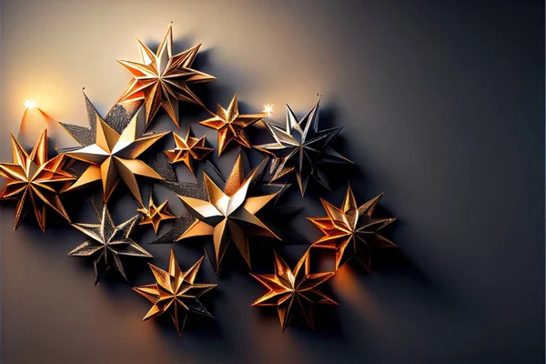 a group of gold stars on a black background with a light shining on them and a shadow of the stars. .