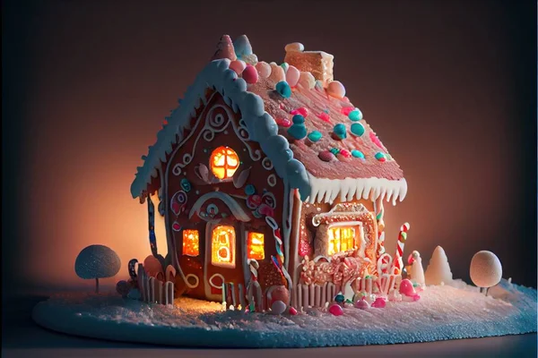 a gingerbread house with candy on the roof and windows is lit up at night with a light on. .