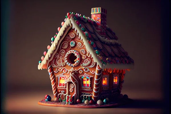 a gingerbread house with a lit candle in the center of it and a brown background behind it with a black border. .