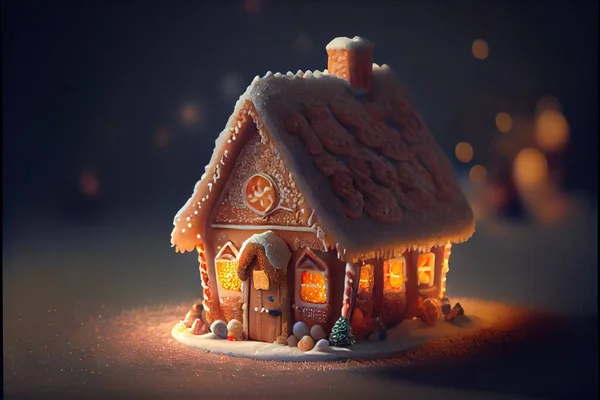 a small ginger house with a lit up window and roof is shown in the snow with a christmas tree. .