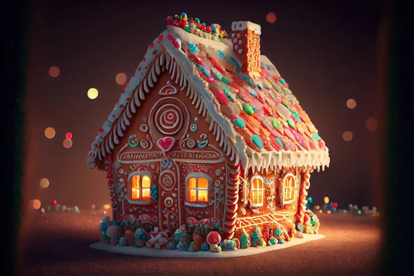 a gingerbread house with a lit up window and roof is shown in front of a christmas background with lights. .