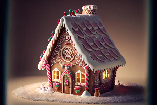 a gingerbread house with candy canes and candy canes on the roof and windows and a candy cane in the roof. .