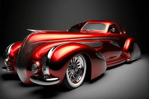 a red car with a shiny chrome finish on it\'s body and hood is shown in a black background. .