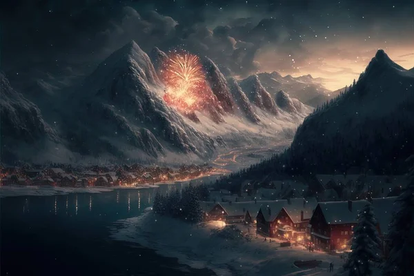 a painting of a fireworks over a mountain town at night with a lake and snow covered mountains in the foreground. .