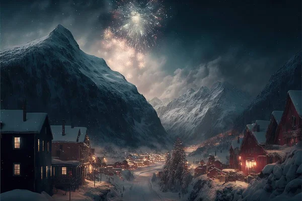 a snowy mountain town with a fireworks display in the sky above it and a mountain range in the background. .