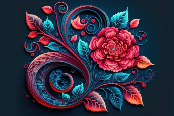 a colorful flower with leaves and swirls on a blue background with a black background and a red rose. .