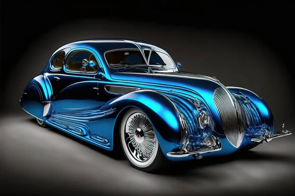 a blue car with a shiny chrome finish on it\'s body and hood is shown in a black background. .
