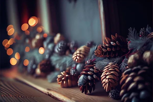 a close up of pine cones and pine cones on a table with a christmas tree in the background and a blurry light. .