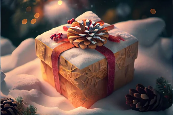 a present wrapped in a yellow and red ribbon with a pine cone on top of it and a pine cone on the top of it. .