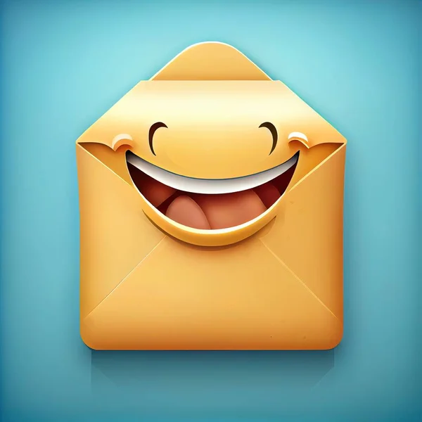a yellow envelope with a smile on it\'s face and a blue background with a blue border around it. .