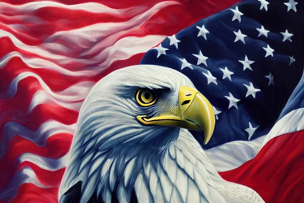 a bald eagle with a flag in the background is depicted in this painting of an american flag and a bald eagle. .