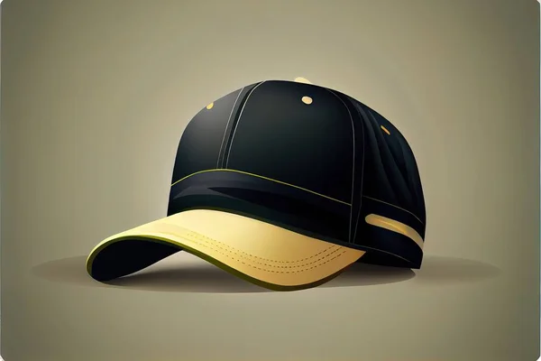 a baseball cap with a yellow visor on a gray background with a shadow of the cap on the ground. .