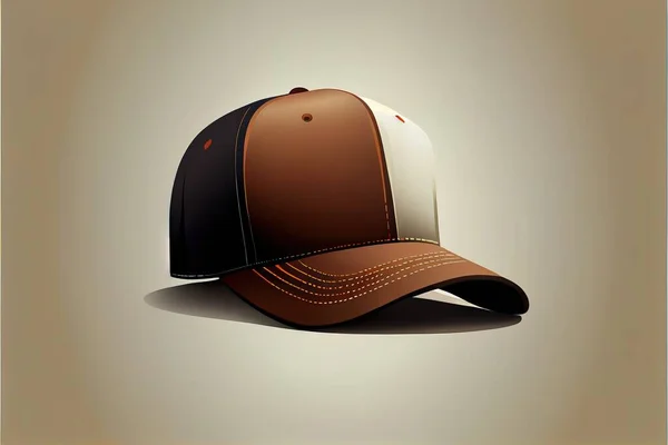 a baseball cap with a brown and white design on it\'s peak and a tan background with a shadow. .