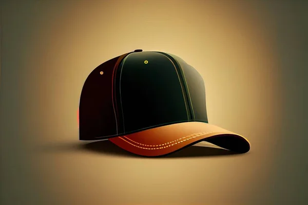 a baseball cap with a brown brimmed peak and a yellow stitching on the peak is shown. .