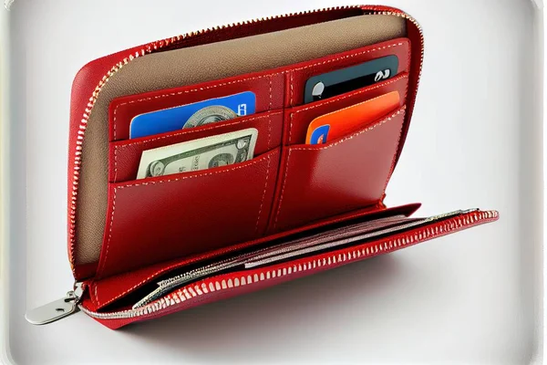 a red wallet with a wallet clipping out of it\'s side pocket and a wallet with a credit card slot. .