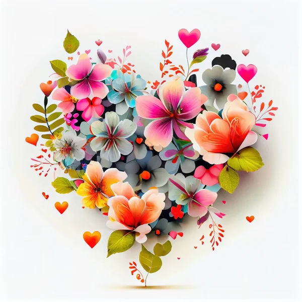 a heart shaped arrangement of flowers and hearts on a white background with a shadow of the heart and the words love. .