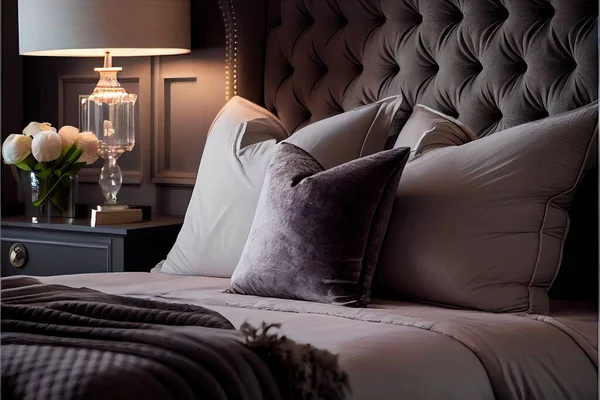 a bed with a gray headboard and a lamp on a nightstand next to it and a vase with flowers. .