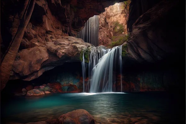 a waterfall with a waterfall cascading over it\'s sides in a cave with a pool of water. .