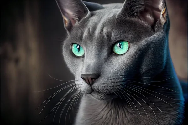 a cat with blue eyes and green eyes looking at the camera with a dark background and a wooden wall. .