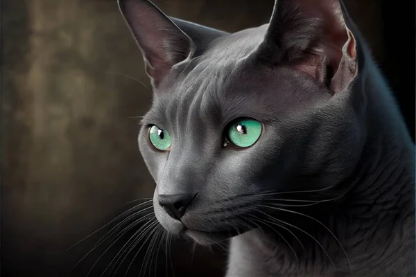 a black cat with green eyes looking at the camera with a dark background and a black background behind it. .