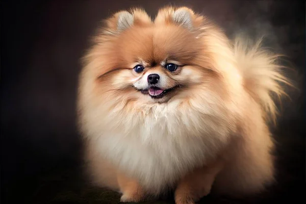 a small dog with a long haircut and blue eyes is standing in front of a black background and smiling. .